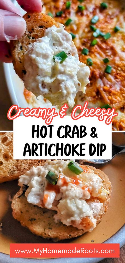 Indulge in this creamy, cheesy Hot Crab Artichoke Dip – the perfect holiday appetizer or party dip! Loaded with succulent crab meat and melted cheese, it's delicious served warm or chilled. Easy to make and sure to be a crowd-pleaser, this dip pairs perfectly with crusty bread or crackers. Get the recipe for a festive appetizer that will steal the show at your next gathering! #HolidayAppetizers #AppetizerRecipes #BakedDip #CrabDip #PartyAppetizers #EasyAppetizers Jalapeno Crab Dip, 3 Ingredient Crab Dip, Imitated Crab Dip Recipes, Artichoke Crab Dip Recipe, Instant Pot Dip Recipes, Crab Ragoons Recipe Dip, Buffalo Crab Dip, Healthy Dips Recipes, Crab Dip Recipe Easy