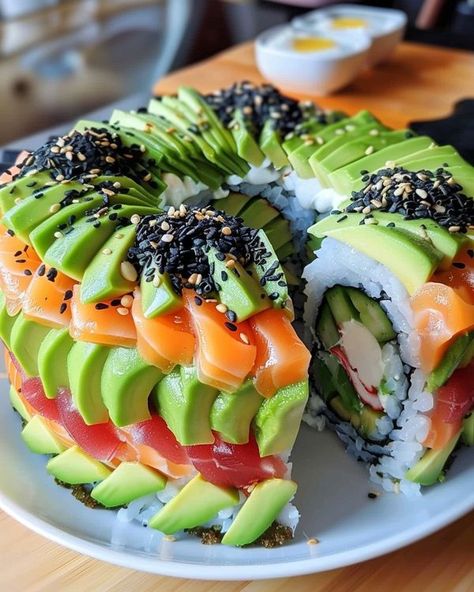 Avani Recipes | Avocado Sushi Cake | Facebook Sushi Cake Birthday, Nori Sheets, Avocado Sushi, Recipes Avocado, Sushi Recipes Homemade, Sushi Cake, Christmas Recipes Appetizers, Sandwich Cake, Cheesy Bacon