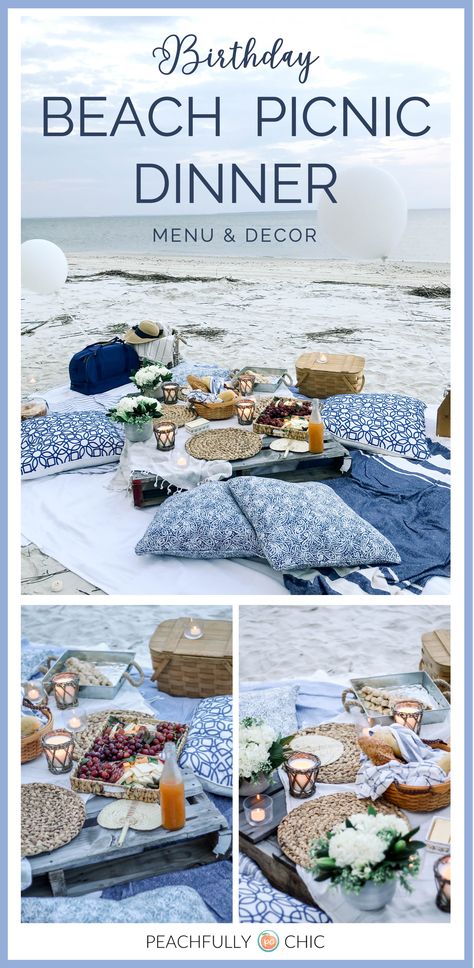 Plan the perfect picnic pallet dinner with menu & decor inspiration to get this look. Using blue & white themed pillows & blankets with natural wood accents to complement the cream gray beach backdrop perfect to catch the sunset. Beach Themed Picnic, Diy Beach Picnic Set Up, Coastal Beach Picnic, Beach Picnic Party Ideas, Beach Dinner Ideas Decor, Beach Picnic Decor, Beach Dinner Picnic, Blue Theme Picnic, Beach Picnic Menu Ideas