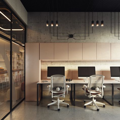 Office Interior Design Workstation, Open Workstation Design, Small Workstation Office, Loft Office Decor, Small Office Workstations Design, Workstation Interior Design, Office Workstations Design Interiors, Workstation Office Workspace, Industrial Office Design Workspaces