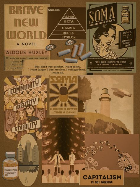 aesthetic 1984 brave new world антиутопия эстетика мудборд Brave New World Poster, Brave New World Fanart, Brave New World Aesthetic, Brave New World Illustration, Soma Brave New World, Brave New World Art, Room Decor To Print, Utopia Aesthetic, Brave New World Book