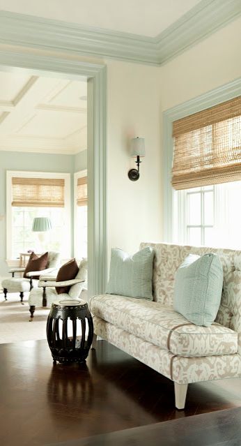 White walls, blue trim...love this paint scheme Turquoise Trim Interior Design, Painted Interior Trim Colors, White Wall Painted Trim, White Room Colored Trim, Colored Trim Living Room, White Walls Colored Trim Living Room, White Wall With Colored Trim, Bedroom With Painted Trim, Color Painted Trim Interior