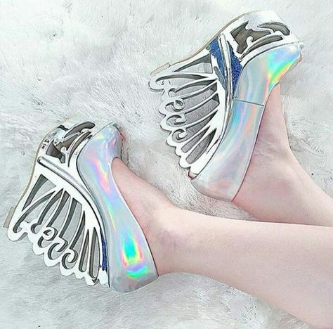 Iridescent Clothing, Dollskill Shoes, Holographic Fashion, Alternative Shoes, Beautiful High Heels, Lingerie Costume, Stuff And Thangs, Pretty Style, Crazy Shoes