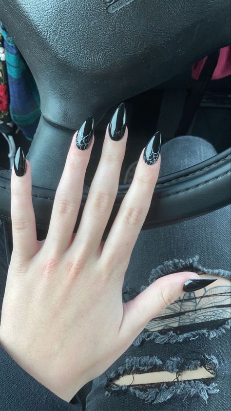 Goth Nails Spider Web, Black Spider Web Nails Acrylic, Black Grunge Nails Acrylic, All Black Nails With Spider Web, Black Pointy Halloween Nails, Spider Web Black Nails, Black Acrylic Nails Coffin Spider Web, Black Acrylic Nails With Spider Web, Almond Shaped Spooky Nails