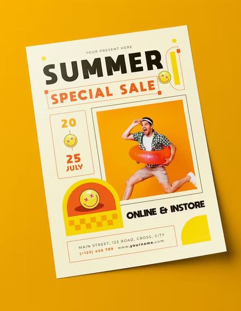 Summer Sale Flyer Template. Get your creative juices flowing with this beautiful and fully customizable flyer template. Perfect for promoting your summer sale, this template is available in EPS and PSD formats. #summersale #flyer . #Promotional_Posters_Design #Flyer_Ads_Design #Sale_Poster_Ideas_Graphic_Design #Poster_Ads_Design_Ideas Poster Ads Design Ideas, Summer Sale Flyer Design, Sale Poster Ideas Graphic Design, Flyer Design Ideas Graphics, Flyer Layout Design Inspiration, Summer Sale Poster Design, Summer Layout Design, Retro Flyer Design, Flyer Design Inspiration Layout