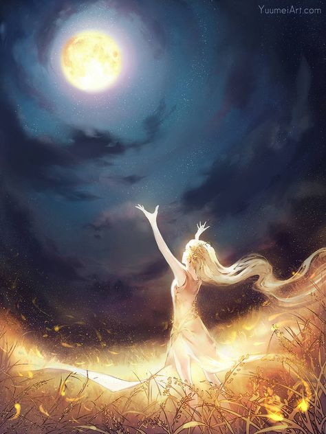 Moon Catcher by yuumei on DeviantArt Yuumei Art, Anime Body, Arte Fantasy, 판타지 아트, Moon Art, The Grass, Instagram Foto, Anime Scenery, Pretty Art