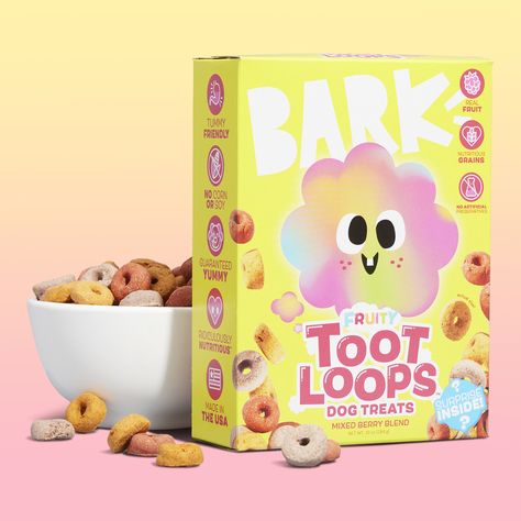 Bark Announces Snack Pack With Packaging Inspired by Breakfast Cereal | Dieline - Design, Branding & Packaging Inspiration Cereal Logos, Japanese Snacks Packaging, Cereal Mascots, Kids Package Design, Cereals Packaging Design, Mascot Branding, Crunchy Dog Treats, Japanese Food Packaging, Cereal Packaging