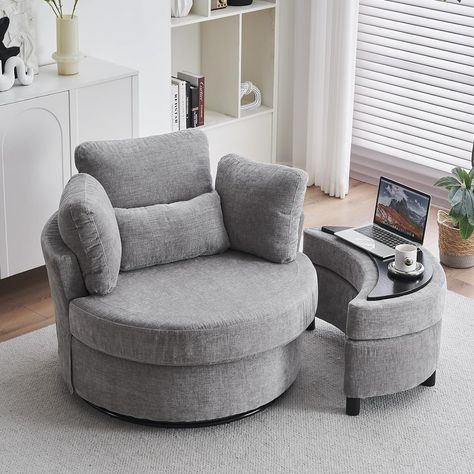 DEKKETO Swivel Cuddle Sofa Chair With Footstool Set, Chenille Single Tub Chair With Four Pillow, Snuggle Barrel Chair With Thick Cushion For Adults, Accent Round Armchairs For Living Room, Light Grey Pillow Snuggle, Ottoman Coffee Table Decor, Circular Chair, Cuddle Sofa, Chair And Footstool, Library Rooms, Cuddle Chair, Home Library Rooms, Snuggle Chairs