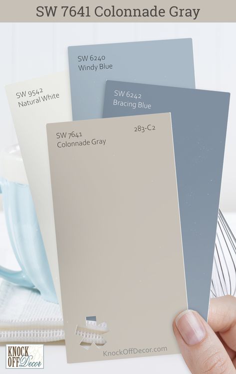 I've found Colonnade Gray to be a reliable partner in design, anchoring spaces with its solid grace. Here, we have SW Bracing Blue, Windy Blue, and Natural white as the trim. The palettes I've paired with it are in my full review, ready to inspire your next project! Greige Paint With Blue Undertones, Dusty Blue Accent Colors, Color Walls Ideas, Two Tone Blue Room, Blue Color Palette Kitchen, French Blue Paint Color Sherwin Williams, Timeless Color Palette Home, Sw Windy Blue, Bracing Blue Sherwin Williams