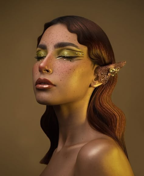 Fairy Makeup Editorial, Fae Aesthetic Eye Makeup, Earth Elf Costume, Fey Makeup Looks, Forest Makeup Looks, Mother Nature Makeup Looks, Forest Inspired Makeup, High Elf Makeup, High Fae Makeup