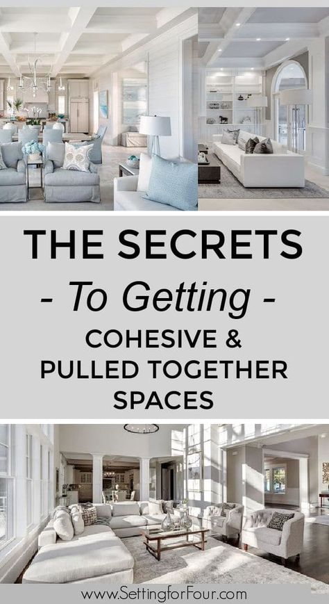 The Secrets to Getting Cohesive and Pulled Together Spaces. Living room, kitchen, dining room, family room, bedroom. Cohesive Living And Dining Room, How To Pull A Room Together, Glam Open Concept Kitchen Living Room, Great Room Kitchen Dining Living, Cohesive Living Room And Kitchen, Cohesive Living Room, Open Concept Kitchen Living Room Dining Small Space, Gray Living And Dining Room Combo, Updated Family Room Ideas