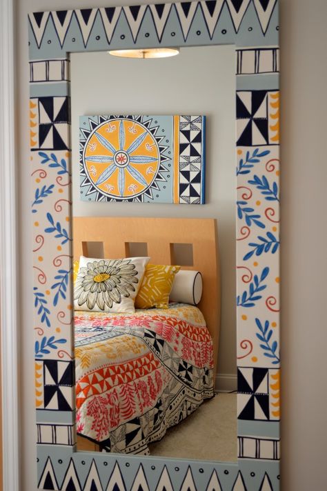 Bright colored bohemian chic teen bedroom makeover. Walls painted in @SherwinWilliams Crushed Ice and Mara Hoffman bedding from Anthropologie is the inspiration for the full length mirror and custom art canvas by Meme Hill Studio. Bohemian Full Length Mirror, Mirror Wall Painting, Wall Makeover Ideas, Refurbished Mirror, Wall Mirror Ideas, Boho Teen Bedroom, Teen Bedroom Makeover, Wall Mirror Decor, Anthropologie Bedding