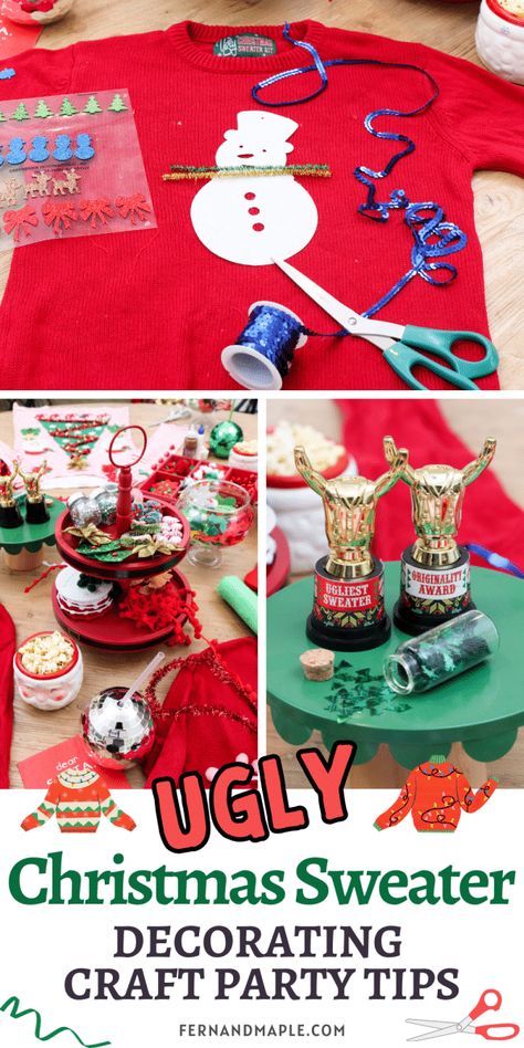 Tips to get creative with friends by turning plain sweaters into festive masterpieces at a DIY Ugly Christmas Sweater Decorating Craft Party! Get details and more holiday party inspiration now at www.fernandmaple.com. Ugly Christmas Sweater Ornaments Diy, Easy Diy Ugly Christmas Sweater Ideas, Ugly Christmas Sweater Ideas For Kids, Make Your Own Ugly Christmas Sweater, Diy Christmas Ugly Sweater Ideas, Ugly Christmas Sweaters Diy Kids Boys, Diy Ugly Christmas Sweaters Easy, Diy Ugly Christmas Sweaters For Kids, Tacky Christmas Sweater Diy