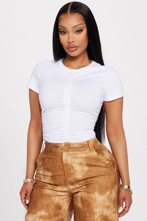 Available In Black, White, And Olive. Crew Neck Short Sleeve Ruched Detail Stretch 95% Cotton 5% Spandex Imported | Mena Ruched Top in White size Large by Fashion Nova Womens Camisoles, Simple Outfit, Fashion Nova Models, Ruched Top, Tank Top Camisole, Knit Tops, Black Beauty, White Fashion, Bedroom Makeover