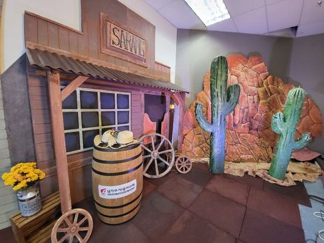 Cowboy School Theme, Western Theme Stage Decor, Gold Rush Decorations, Wild West Vbs Snacks, Western Stage Decor, Vbs Western Theme Ideas, Western Parade Float Ideas, Western Theme Vbs Decorations, Western Parade Float