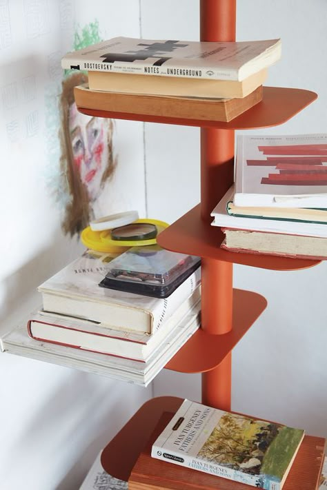 Story Bookcase | AFTEROOM Story Bookcase, Space Bookmarks, Books Organization, Bookcase Design, Drum Table, Side Table Design, Book Storage, Design District, Bookcase Shelves