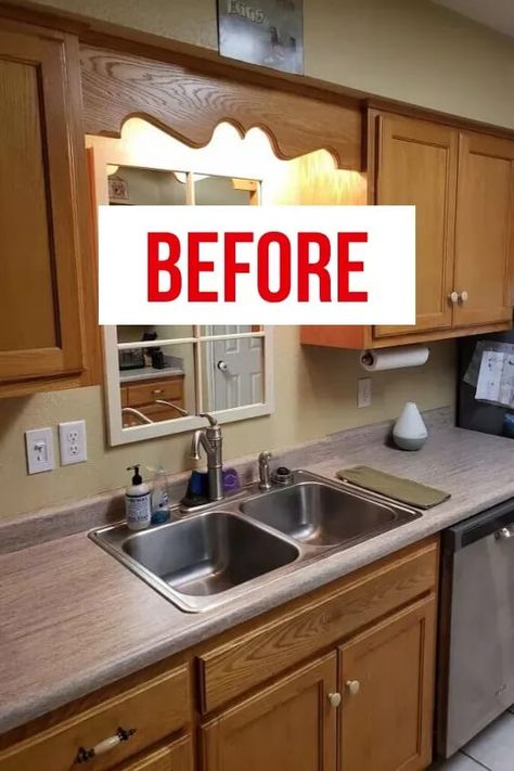 Check out this best kitchen cabinet makeover you can do for under $100. Beautiful wood kitchen cabinet upgrade for cheap. Cabinet Refresh Ideas, Colored Kitchen Cabinets With Dark Countertops, Repainted Oak Kitchen Cabinets, Update Wooden Kitchen Cabinets, How To Stain Kitchen Cabinets Darker, Easy Remodeling Ideas Diy, How To Paint Cabinets Kitchen, Diy Oak Cabinet Makeover, Update Kitchen Cabinets Without Painting