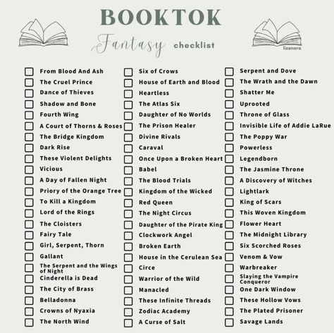 Booktok Reading Challenge, Fantasy Book Challenge, Book List Aesthetic, Fantasy Reading Challenge, Fantasy Book Checklist, Booktok Fantasy Checklist, Romance Book Checklist, Booktok Book Checklist, Booktok List