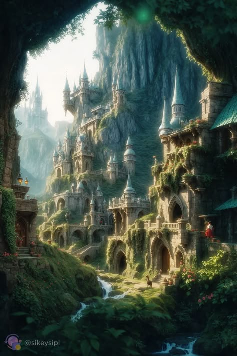 Mystical Elven City: AI Art Fantasy Realm* Immerse yourself in the mystical beauty of this AI-generated elven city nestled within towering cliffs. The intricate architecture and lush greenery create a breathtaking fantasy world that captivates the imagination. Perfect for fans of fantasy and digital art. #FantasyArt #Elves #AIArt #MysticalCity #DigitalArt Fairy City Fantasy Art, Elf Kingdom Fantasy Art, Elven City Fantasy Art, Elven City Concept Art, Elf City Fantasy Art, Elvish Kingdom, Elven Castle, The Seelie Court, Elven City