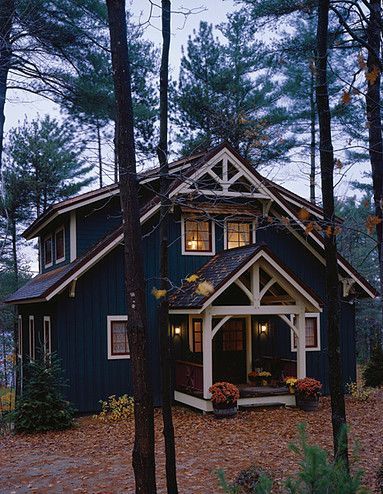 PineRidge Timberframe - Newbury blue navy ivory trim cabin in woods A House In The Woods, Casa Hobbit, Cook Healthy, Pintura Exterior, Cottage Exterior, Weekend House, Forest Bathing, Timber Frame Homes, Cabins And Cottages