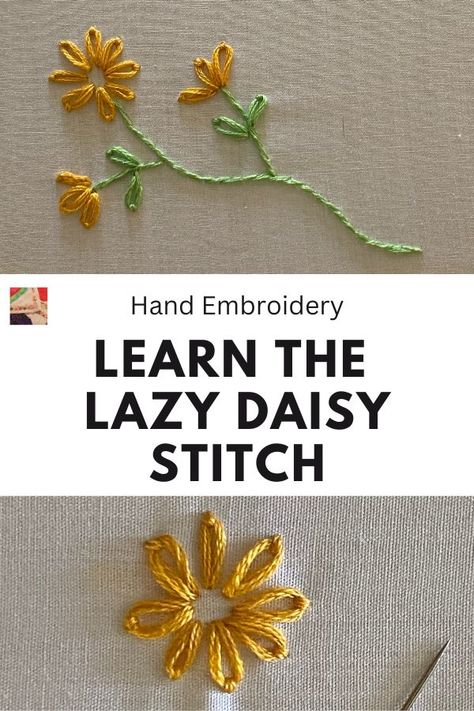 Lazy Daisy Tutorial, Lazy Daisy Stitch Tutorial, Flower Petal Embroidery Stitch, Petal Stitch Embroidery, Daisy Embroidery Tutorial, Embroidered Flowers Simple, Lazy Daisy Embroidery Design, Flower Petal Embroidery, Embroidery Flowers Tutorial