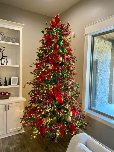 Red Gold And Green Christmas Decorations, Green Red And Gold Christmas Tree, Red Green And Gold Christmas Tree, Green Christmas Decorations, Red And Gold Christmas Tree, Christmas Tree Inspo, Flocked Christmas Tree, Classic Christmas Decorations, Christmas 2025