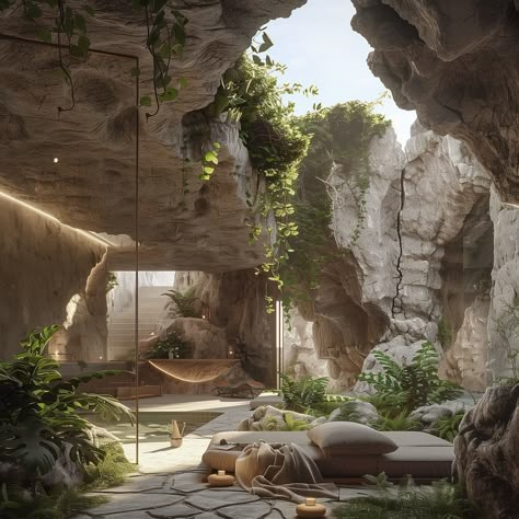 cave dwelling x luxury ✨🖤 - Carved into a forgotten island, this multi-level sanctuary blends modern luxury with ancient tradition. Natural light graces a cave pool, whispering tales of nature and designs’ coexistence 🧚‍♂️ - #cavedweller #islandliving🌴 #architecturaldetails #architecturaldesigns #organicarchitecture #contemporarystyle #contemporarydecor #ancientarchitecture #naturallighting #midjourneyarchitecture #luxuryarchitecture #interiordesigncommunity #architecturephotography #biophili... Houses That Blend In With Nature, Mediterranean Revival Architecture, Luxury Outdoor Spaces, Cave Dwelling, Cave Pool, Cave Design, Luxury Island, Modern Luxury Furniture, Exotic Homes