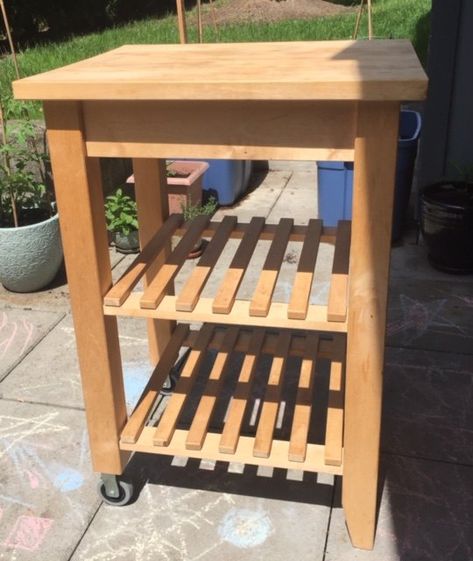 How to transform your IKEA Bekvam Kitchen Trolley into your own stylish Butcher's Block style mini Kitchen Island!    I decided to update our plain IKEA Bekvam Kitchen Trolley after it spent a sad year living outdoors on a patio. I decided I wanted the butcher’s block look with a stained wooden top and white painted legs.    Before I started sanding I cleaned the kitchen trolley thoroughly with a cloth and soap and then dried it off throughly.  I used a small hand sander&nbs… Ikea Kitchen Trolley, Bekvam Ikea, Kitchen Trolly, Mini Kitchen Island, Pallet Potting Bench, Wooden Ironing Board, Ikea Bekvam, Glass Kitchen Cabinet Doors, Barnwood Shelves