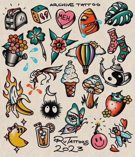 90s Style Tattoo Ideas, Traditional Tattoo Aesthetic, Crafty Tattoo, Music Festival Tattoo, Easy Flash Tattoo, Traditional Flash Tattoo Ideas, Cute American Traditional Tattoo, Walk In Tattoo Ideas, 70s Tattoo Ideas