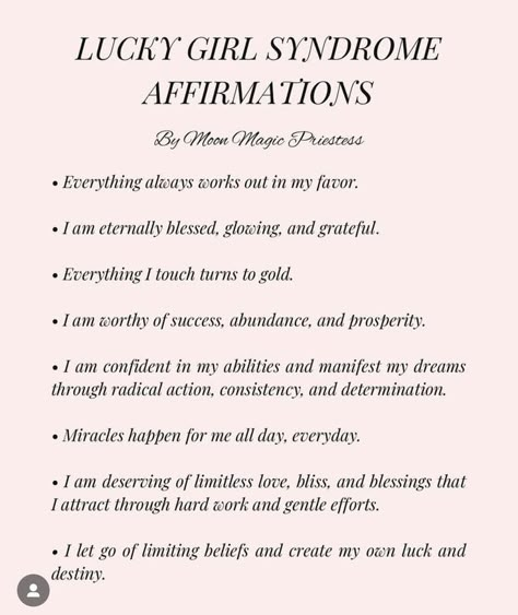 lucky girl syndrome affirmations Affirmations Before Presentation, Writing Manifestations For Love, Inspiring Words For Today, Lucky Girl Manifestation, Self Healing Affirmations, Lucky Girl Affirmations, Manifestations For Love, Lucky Affirmations, Limiting Beliefs Affirmations