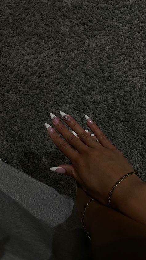 french tip, long almond Deep White French Tip Nails Almond, Long Oval French Tip Nails With Design, Low French Tip Nails Almond, Long French Almond Nails, Short Medium Almond Nails, Thick French Tip Nails Almond, Solid Almond Nails, Slanted French Tip Nails, Low French Tip Nails