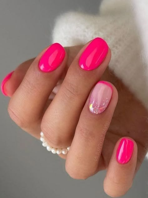 hot pink nails with a French tip accent Hot Pink Nails Glitter Accent, French Tip And Pink Nails, Hot Pink Gel Nails Ideas, Hot Pink French Nails Square, Hot Pink Light Pink Nails, Hot Pink Manicure Ideas, Fuschia Nails Gel, Short Pink Tip Nails, Hot Pink Jelly Nails