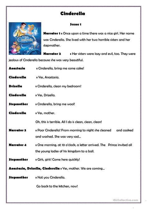 Cinderella - English ESL Worksheets for distance learning and physical classrooms English Drama Script, Esl Exercises, Role Play Scripts, Short Drama Script, Play Scripts For Kids, Drama Script, Cinderella Play, Acting Monologues, Short Scripts