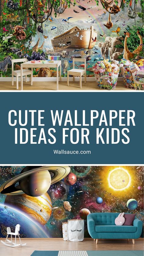 If you’re looking for adorable wallpaper that stimulates the right side of their brain (the creative and artsy part), you’ll be spoiled for choice. Whether you want wonderful wildlife, astonishing sea creatures or stunning solar systems, there are so many magnificent murals that will appeal to their thirst for learning. Head to the Wallsauce.com blog to find your child their perfect bedroom wallpaper! Wallpaper Bedroom Child, Kids Funky Wallpaper, Carpet Kids Room Maximalist Wallpaper, Space Theme Wallpaper For Kids, Galaxy Wallpaper Kids Room, Space Themed Wallpaper, Dinosaur Mural, Cartoon Town, Wildlife Wallpaper