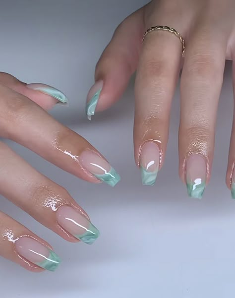 Jade Nails French Tip, Marble French Tip Nails Coffin, Jade Ombre Nails, Marble Green French Tip Nails, Jade Tip Nails, Marble Jade Nails, Marble Nail French Tip, Jade French Nails, Marble And French Nails