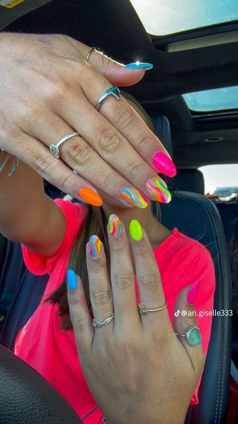 Neon Beach Nails Bright Colors, Funky Neon Nails, Almond Bright Nails, Neon Almond Nails Designs, Neon Almond Shaped Nails, Neon Nails Designs Summer 2024, Summer Nail Ideas Almond Shape, Bright Almond Nails, Fun Neon Nails