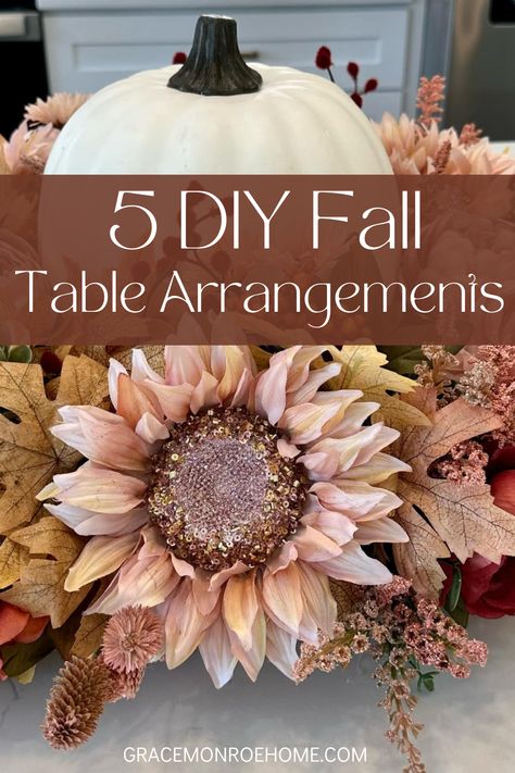 Discover 5 stunning DIY fall table arrangements to elevate your home decor! From a charming fall candelabra to an elegant pumpkin centerpiece, these DIY ideas are perfect for adding a touch of autumn magic to your table. Get inspired with easy, step-by-step instructions and create your own beautiful fall decorations. 🍂✨ #FallDecor #DIYFallArrangements #AutumnTableDecor #PumpkinDecor #FallVibes Making A Fall Centerpiece, Fall Diy Centerpieces Wedding, Fake Pumpkin Centerpieces, Fall Decor With Gourds, Decorated Pumpkins With Flowers, Fake Fall Flower Arrangements Diy, Fall Diy Table Decor, Elegant Fall Table Centerpieces, How To Make A Fall Centerpiece For Table