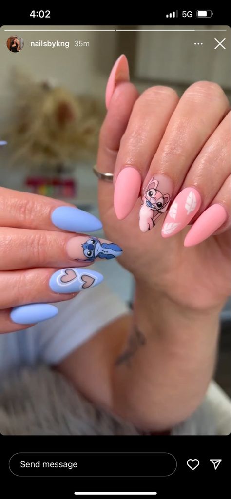 Lilo And Angel Nails, Angel From Lilo And Stitch Nails, Lilo And Stitch Nails Acrylic Simple, Nails Acrylic Stitch, Stitch Nails Disney Short, Nails Stitch Disney, Stitch And Angel Nail Designs, Stitch And Angel Nail Art, Acrylic Nails Disney Designs