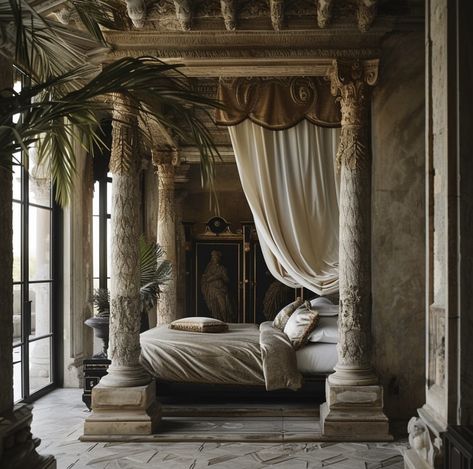 Ancient Bedroom Aesthetic, Ancient Rome Bedroom, Roman Style Bedroom, Roman Bedroom Theme, Ancient Roman Bedroom, Rivendell Bedroom, Greece Hotel Room, Greek Style Bedroom, Greek Style Home Interiors