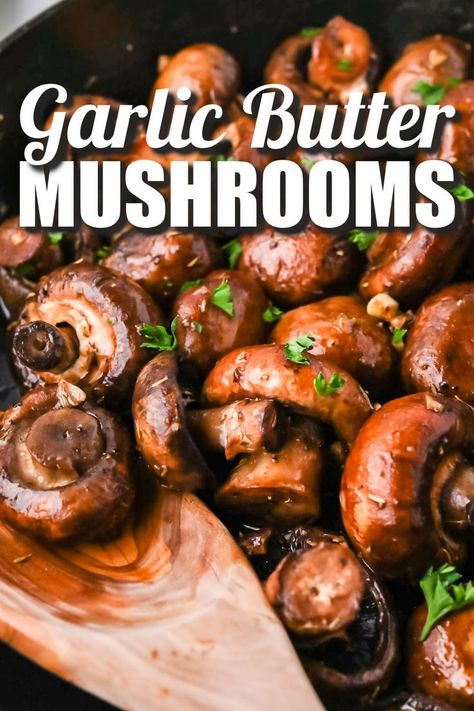 Ready in only 20 minutes, these easy garlic butter mushrooms are cooked in one skillet on the stovetop with the TASTIEST butter herb sauce! This is a must-have side dish recipe for dinners, holidays, or special occasions. This is also a classic, simple side dish for holidays like Thanksgiving, Christmas, Easter and more. These are sauteed mushrooms that are cooked in butter, herbs, and salt and pepper. You can use a variety of mushrooms like baby bella, cremini or button mushrooms. Low Calorie Side Dishes, Butter Mushrooms, Vegetarian Curry Recipes, Garlic Butter Mushrooms, Sautéed Mushrooms, Easy Foods, Side Dish Recipes Easy, Diet Breakfast Recipes, Roasted Mushrooms