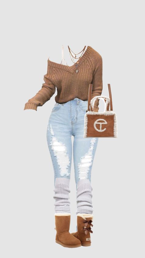 Outfits With Scrunched Socks, Wristlet Outfit Ideas, Ugg Christmas Outfit, Telfar X Ugg Outfit, Thanksgiving Outfit In Florida, Brown Shawl Outfit, Brown Outfits For Black Women Winter, Brown Ugg Boots Outfit Black Women, Bailey Bow Uggs Outfit Ideas