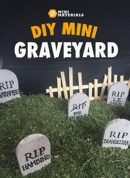 DIY Miniature Graveyard | Mini Materials Diy Mini Graveyard Halloween, Mini Tombstones Diy, Doll House Haunted House, Mini Graveyard, Miniature Graveyard, Halloween Tombstones Diy, Vintage Haunted House, Tombstone Diy, Spooky Miniatures