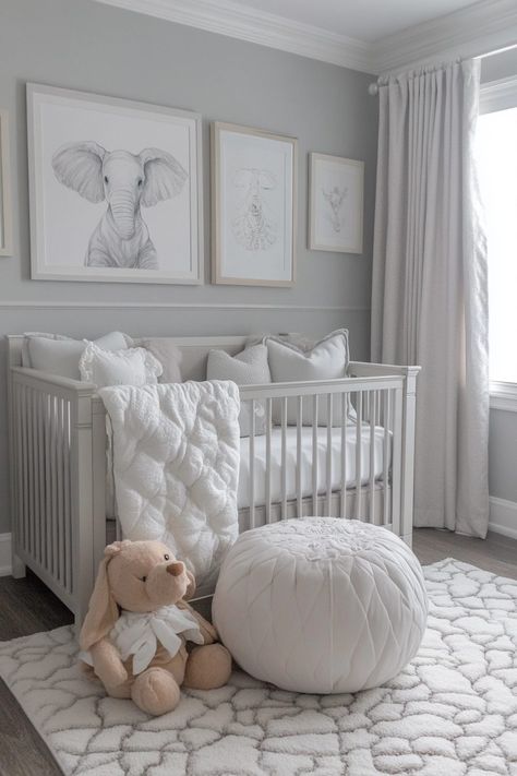 29 Nursery Room Decor Ideas to Personalize Your Baby’s Space 26 Nursery Ideas Grey Carpet, Neutral Grey Nursery, Nursery Ideas Gray, Gray Neutral Nursery, Light Grey Nursery, Simple Neutral Nursery, Gray Nursery Ideas, Baby Boy Nursery Room Design, Grey Nursery Ideas