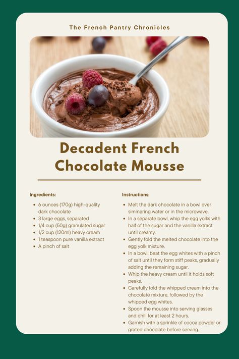 🍫 Decadent French Chocolate Mousse | Dive into a world of velvety, rich, and heavenly chocolate goodness. A quick and indulgent dessert that's a true masterpiece. 🥄✨ #ChocolateMousse #FrenchDesserts #SweetIndulgence French Chocolate Mousse Recipe, French Chocolate Mousse, French Cooking Recipes, Chocolate Mousse Cake Recipe, French Dessert Recipes, Salted Egg Yolk, French Chocolate, Chocolate Mousse Recipe, French Dessert