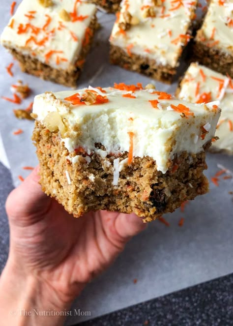 CARROT CAKE PROTEIN SLICES – No Excuses Nutrition Carrot Cake Protein, Healthy Protein Desserts, Spiced Carrot Cake, Protein Baking, High Protein Desserts, Protein Cake, Healthy Protein Snacks, Protein Treats, Protein Powder Recipes