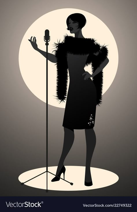 Jazz Women Style, Singing With Microphone Pose, Singing Poster Design, Person Holding Microphone Reference, Jazz Microphone, Woman With Microphone, Singing Illustration, Singer Drawing, Singing Art