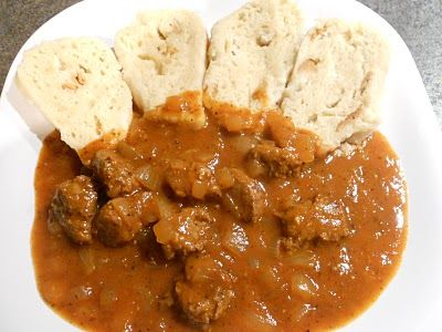 Czech goulash with bread dumplings, from Czech Vegan (in America). This was delish. I was too lazy to make dumplings, so I served it with mashed taters. -KJP Czech Goulash, Vegetarian Goulash, Make Dumplings, Hungarian Goulash, Slovak Recipes, Bread Dumplings, European Dishes, Eastern European Recipes, Goulash Recipes