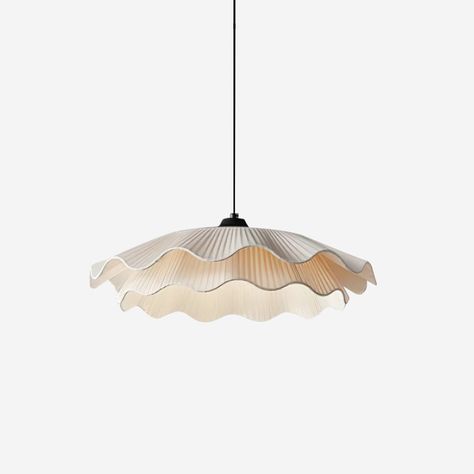 This White Colmi Pendant Light features an elegant ripple design inspired by the rhythmic and layered movement of ocean waves, creating a sense of lightness and flow. Each ripple is meticulously crafted to allow light to pass through, casting a soft and harmonious glow. This pendant light not only illuminates your space but also adds a unique artistic touch, making it a stunning focal point in any room. Product Size Size: Dia 50cm x H 21cm / ∅ 19.7″ x H 8.2″ Details Shade is made of White Fabric Ceiling Lights Bedroom Ideas, Sea Shell Light, Office Ceiling Light, Pendant Light Bathroom, Fabric Pendant Light, Hall Lights, Organic Lighting, Layered Lighting, Ceiling Lamps Bedroom