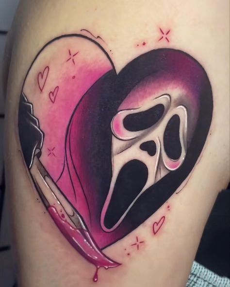 Female Ghostface Tattoo, Pink Ghostface Tattoo, Ghostface Heart Tattoo, Cute Ghostface Tattoo, Scream Tattoo Ideas, Matching Horror Tattoos, Ghostmane Tattoo, Ghost Face Tattoo Design, Dirty Tattoo Ideas