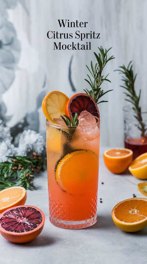 "Discover the perfect Winter Citrus Spritz Mocktail Recipe for your festive  gatherings! This delightful non-alcoholic drink combines refreshing citrus  flavors, making it an ideal choice for holiday mocktail ideas. Elevate your  winter mocktails with this vibrant and easy-to-make beverage, perfect for  any celebration. Enjoy the taste of refreshing citrus drinks that everyone  will love!" Smoothie Alcohol Drinks, Tea Cocktails Non Alcoholic, Citrus Alcohol Drinks, Gluten Free Mocktail, Non Alcoholic Holiday Cocktails, Winter Spritzer Drinks, Winter Solstice Drinks, Delicious Mocktails Non Alcoholic, Holiday Drink Non Alcoholic